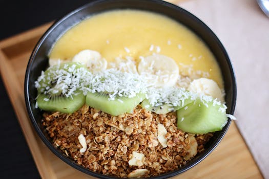 healthy smoothie bowl topped with fruits