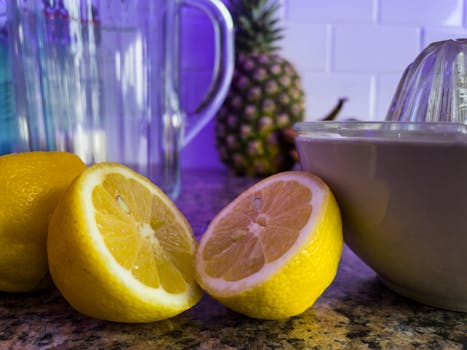 juicing ingredients on a countertop